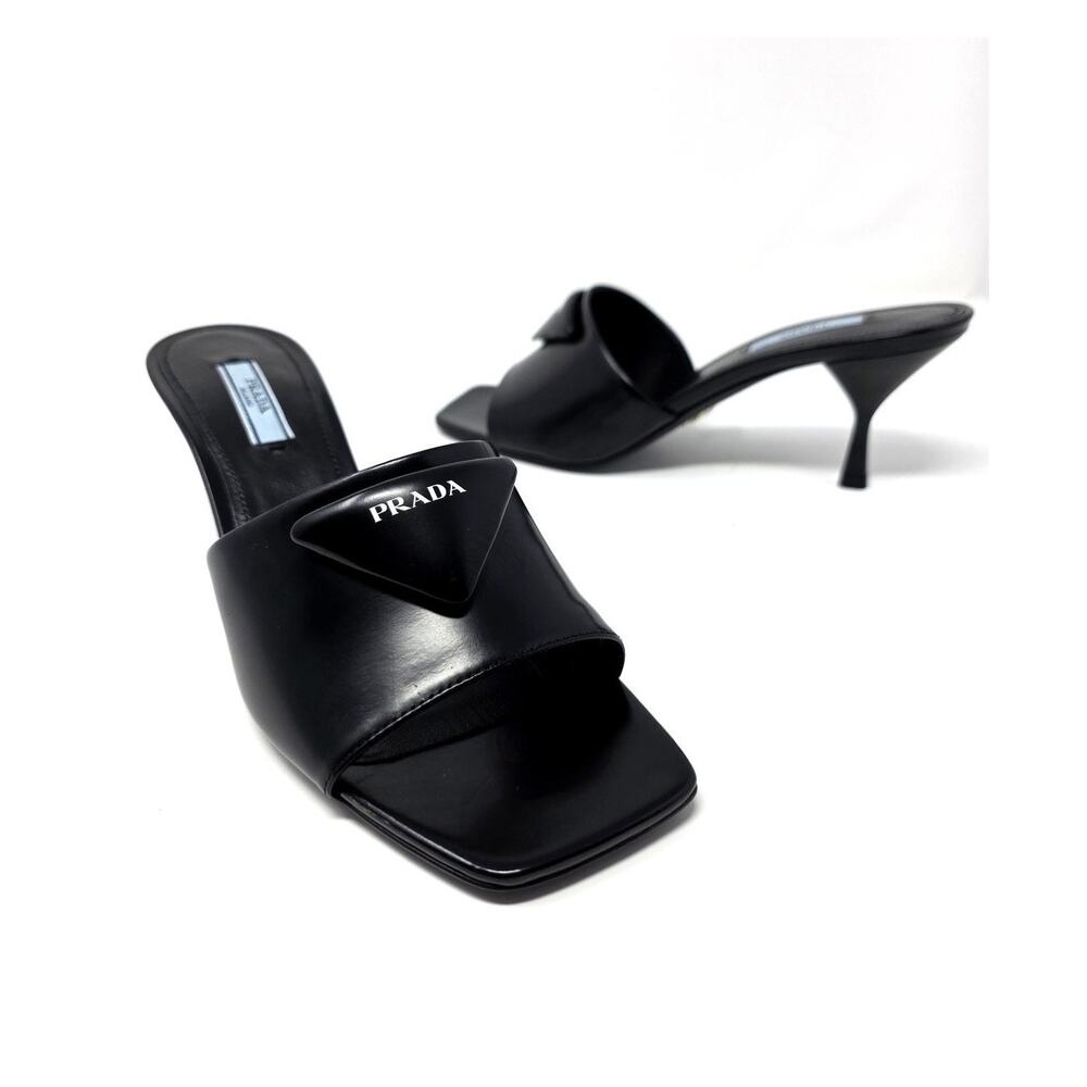 Prada Black Leather Triangle Logo Mule Slide Sandals Square Open Toe Heels 39 9
